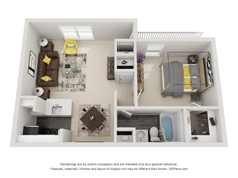 Floor plan for 1 bed, 1 bath, 619 sqft